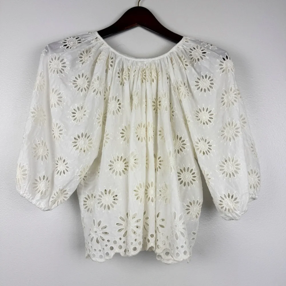 Madewell Embroidered Floral Cutouts Shirred Puff-Sleeve Top Cream Size S NWT